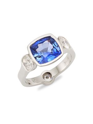 Women's Platinum, Sapphire & Diamond Cushion-Cut Ring - Blue - Size 7 - Blue - Size 7