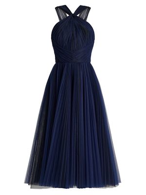 Women's Pleated Tulle Midi-Dress - Dark Navy - Size 0