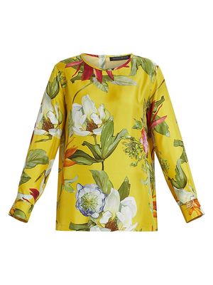 Women's Plus Leandro Printed Silk Twill Blouse - Lemon Big - Size 14