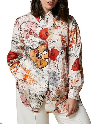 Women's Plus Saggio Printed Poplin Tunic - White Poppy - Size 16