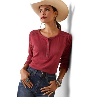 Women's Pointelle Henley Top in Earth Red, Size: 3X by Ariat
