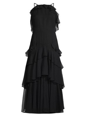 Women's Polka Dot Tiered Chiffon Midi-Dress - Black - Size 0