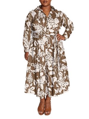 Women's Poplin Shirtdress in Floral Print - Brown Cream - Size 20