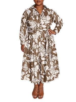 Women's Poplin Shirtdress in Floral Print - Brown Cream - Size 22