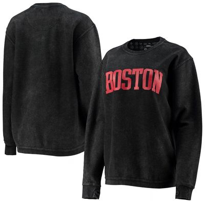Women's Pressbox Black Boston University Comfy Cord Vintage Wash Basic Arch Pullover Sweatshirt