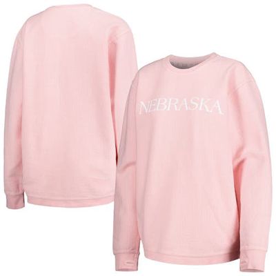 Women's Pressbox Pink Nebraska Huskers Comfy Cord Bar Print Pullover Sweatshirt
