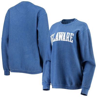Women's Pressbox Royal Delaware Fightin' Blue Hens Comfy Cord Vintage Wash Basic Arch Pullover Sweatshirt