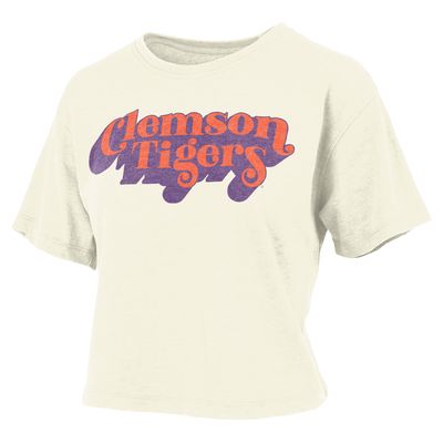Women's Pressbox White Clemson Tigers Vintage Easy Team Name Waist-Length T-Shirt