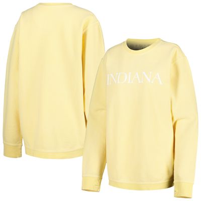 Women's Pressbox Yellow Indiana Hoosiers Comfy Cord Bar Print Pullover Sweatshirt
