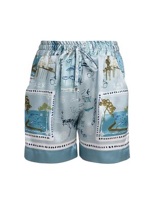 Women's Printed Drawstring Silk Shorts - Multi Blue - Size 4