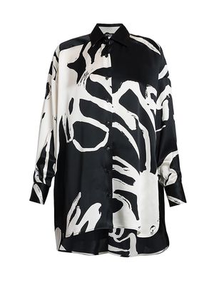 Women's Printed High-Low Silk Blouse - White Black - Size 2