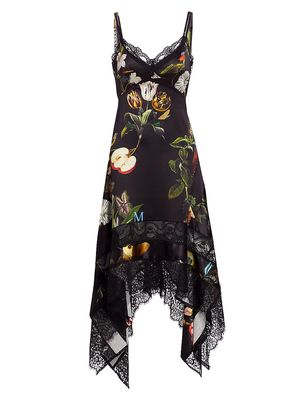 Women's Printed Silk Satin Handkerchief Slipdress - Black Print - Size 8