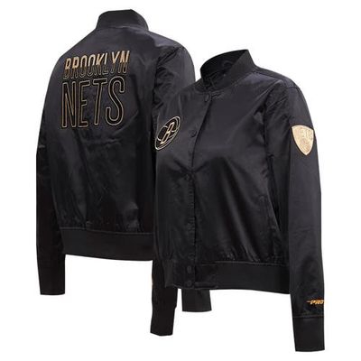 Women's Pro Standard Black Brooklyn Nets Glam Satin Full-Snap Varsity Jacket