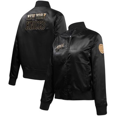 Women's Pro Standard Black New York Knicks Glam Satin Full-Snap Varsity Jacket