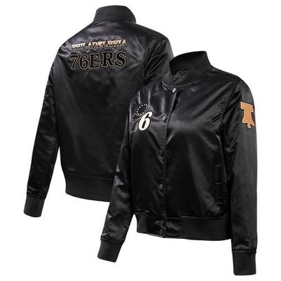 Women's Pro Standard Black Philadelphia 76ers Glam Satin Full-Snap Varsity Jacket