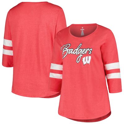 Women's Profile Heather Red Wisconsin Badgers Plus Size Mascot Sign 3/4-Sleeve T-Shirt