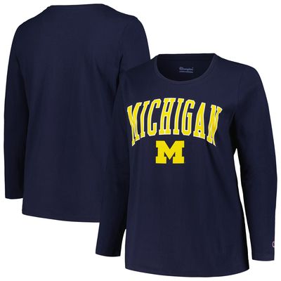 Women's Profile Navy Michigan Wolverines Plus Size Arch Over Logo Scoop Neck Long Sleeve T-Shirt