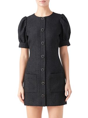 Women's Puff Sleeve Tweed Mini Dress - Black - Size XS