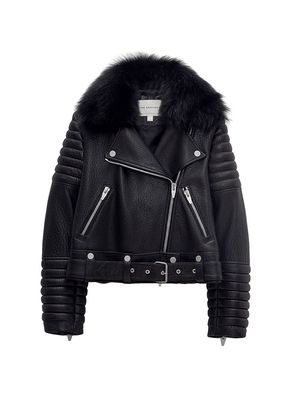 Women's Rainer III Shearling-Trim Leather Moto Jacket - Space Black - Size XS - Space Black - Size XS