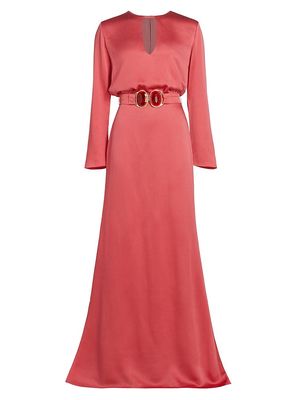 Women's Ravenna Crystal-Embellished Belted Satin Maxi-Dress - Coral - Size Medium