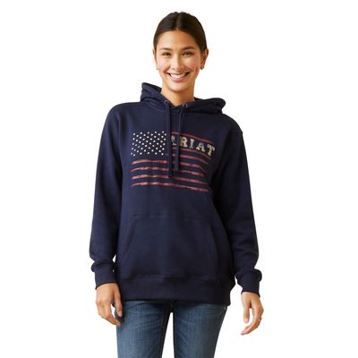Women's REAL Flying Flag Hoodie in Navy, Size: 3X by Ariat