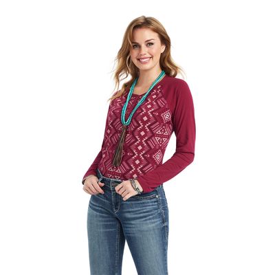 Women's REAL Printed Henley Shirt in Maze Beet Red, Size: 3X by Ariat