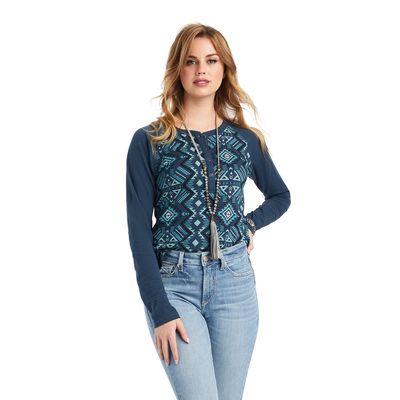 Women's REAL Printed Henley Shirt in Maze Midnight Navy, Size: XS by Ariat
