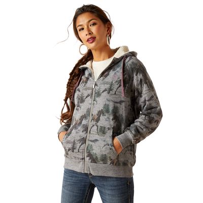 Women's REAL Sherpa Full Zip Hoodie Jacket in Misty Horse Print, Size: 3X by Ariat