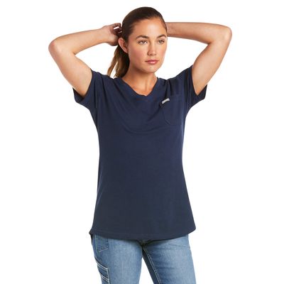 Women's Rebar Cotton Strong V-Neck Top in Navy, Size: XS by Ariat