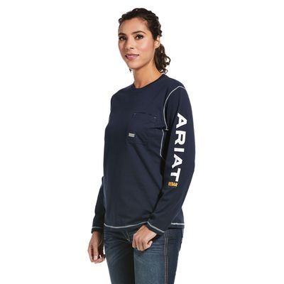 Women's Rebar Workman Logo T-Shirt in Navy Cotton/Polyester, Size: XS by Ariat