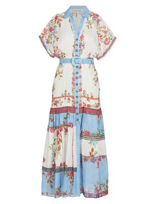 Women's Riya Belted Printed Linen Midi-Dress - Zinnia Grove - Size 0