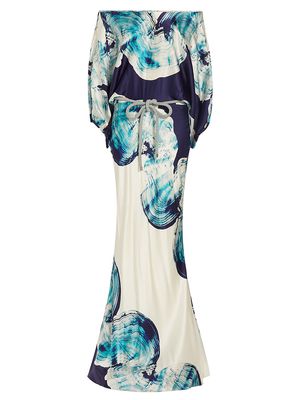 Women's Rossi Silk Off-The-Shoulder Gown - Navy Abstract Wave - Size Medium