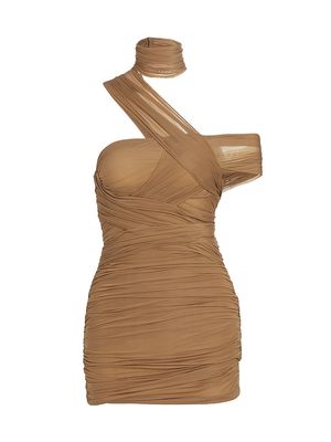 Women's Ruched One-Shoulder Mini Dress - Camp Fire - Size XS