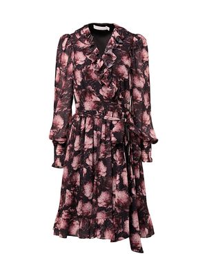 Women's Ruffled Floral Wrap Dress - Black Multi - Size XS