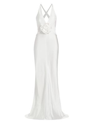 Women's Satin Rosette Plunge Gown - White - Size Small