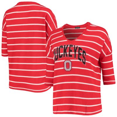 Women's Scarlet Ohio State Buckeyes Striped Tri-Blend 3/4 Sleeve T-Shirt