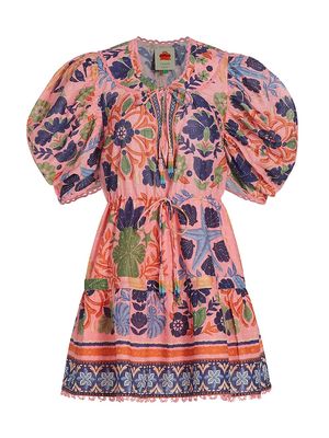 Women's Seashell Tapestry Puff-Sleeve Minidress - Seashell Tapestry Pink - Size Small