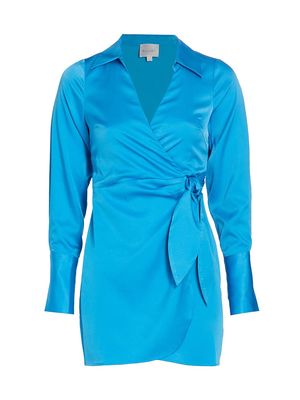 Women's Seaside Satin Wrap Minidress - Cerulean - Size Small