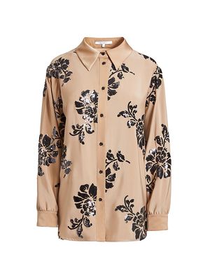 Women's Sequin Floral Buttoned Shirt - Taupe - Size 4