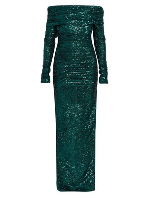 Women's Sequined Off-the-Shoulder Column Gown - Verde Scurissimo - Size 0