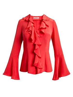 Women's Sidney Silk Ruffled V-Neck Blouse - Vermilion - Size 8