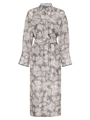 Women's Silk Ginkgo Print Pongee Shirt Dress With Belt And Shiny Cuff Details - Grey - Size Medium