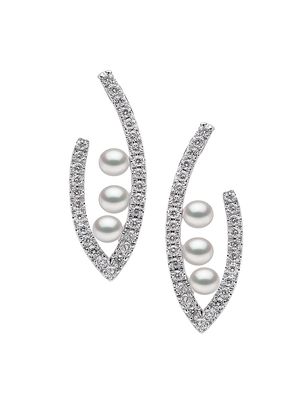 Women's Sleek 18K White Gold, 3-3.5MM Akoya Pearl & Diamond Drop Earrings - White Gold - White Gold