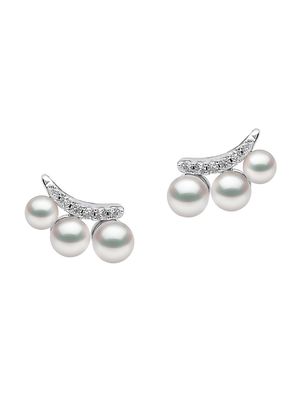 Women's Sleek 18K White Gold, 3-4MM Cultured Akoya Pearl, & Diamond Earrings - White Gold - White Gold