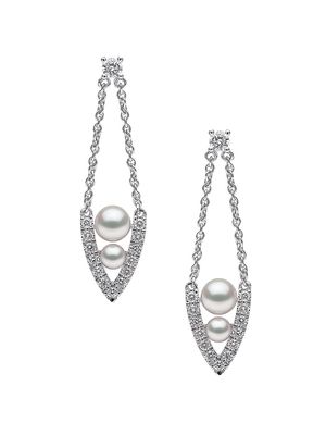 Women's Sleek 18K White Gold, 3-5MM Akoya Pearl & Diamond Chain Teardrop Earrings - White Gold - White Gold