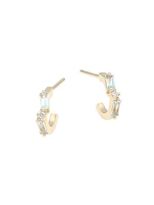 Women's Small 14K Yellow Gold, Diamond & Blue Topaz Baguette Hoop Earrings - Blue - Size Small