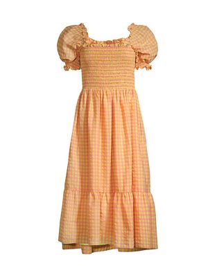 Women's Smocked Gingham-Printed Midi-Dress - Yellow - Size XS