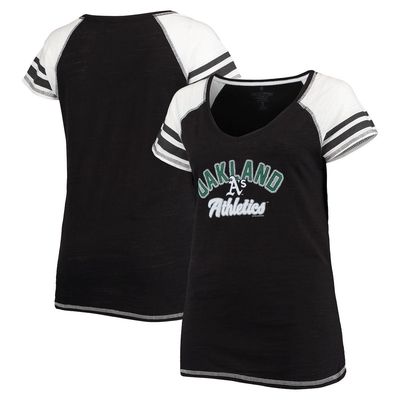 Women's Soft as a Grape Black Oakland Athletics Curvy Colorblock Tri-Blend Raglan V-Neck T-Shirt