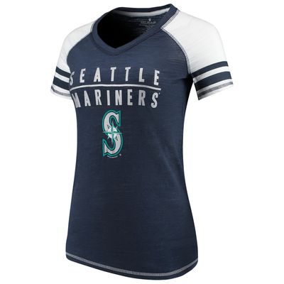 Women's Soft as a Grape Navy Seattle Mariners Color Block V-Neck T-Shirt