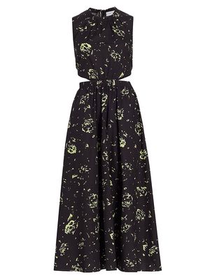 Women's Stamped Floral Cut-Out Midi-Dress - Black Lime - Size 0 - Black Lime - Size 0